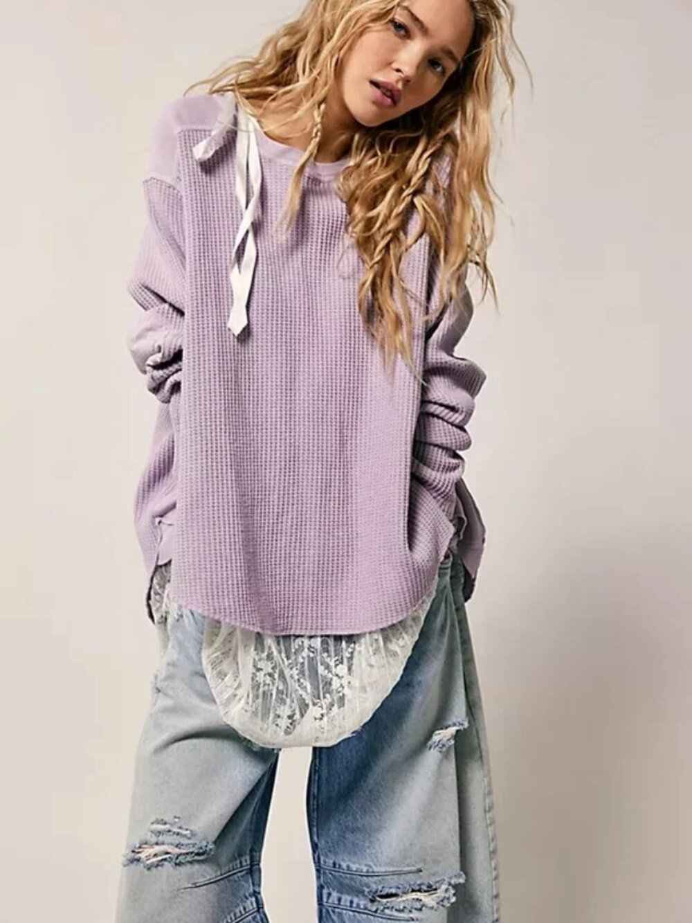 Free People FP One Blake Thermal Oversized Scoop Neck Long Sleeve Tunic Top L